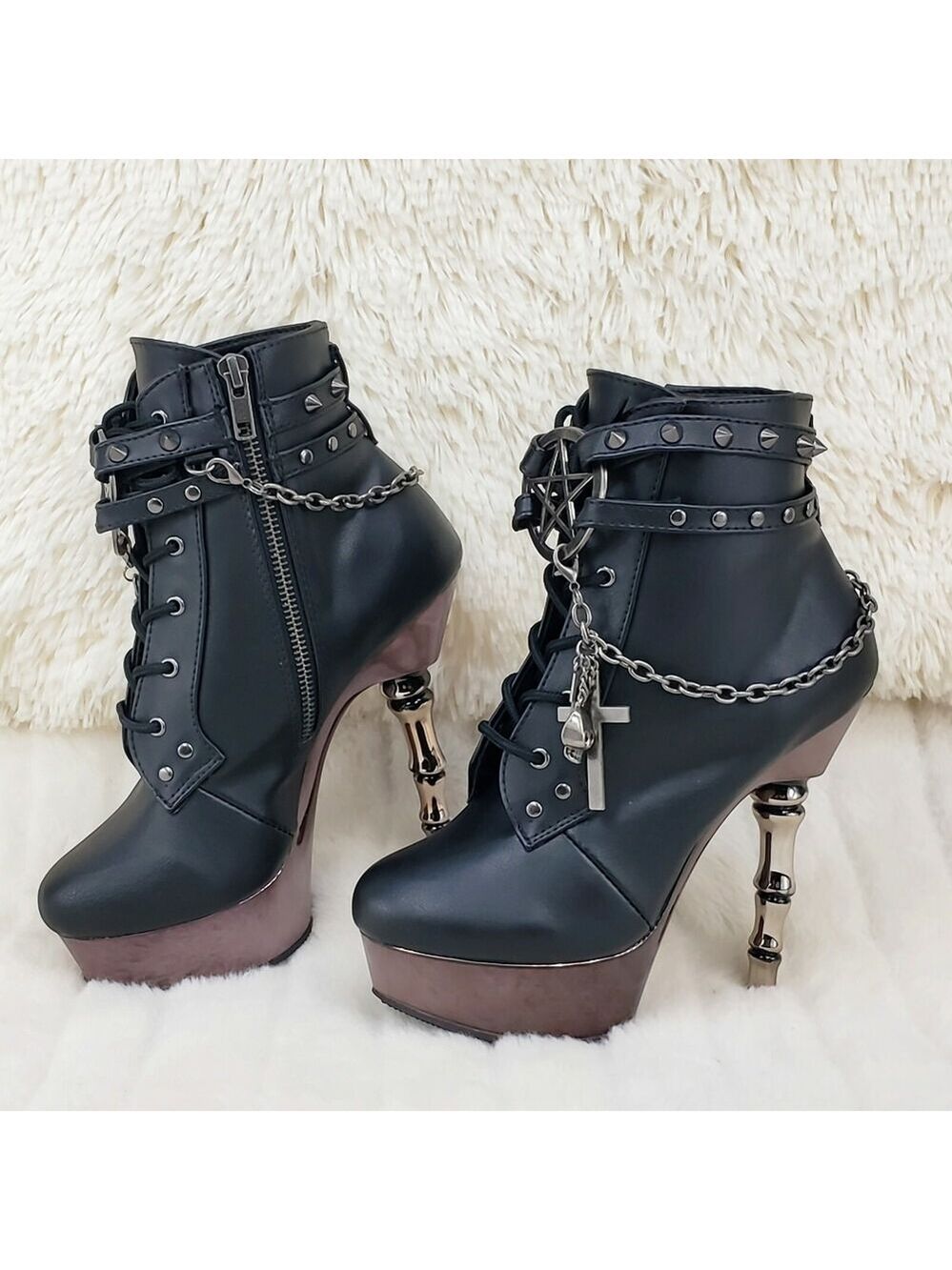 NIB MUERTO 1001 Finger Bone Heel Platform Biker Ankle Boots Charm Chain - Picture 2 of 12